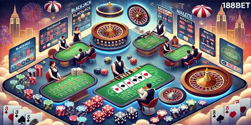 Trải nghiệm các trò chơi casino hấp dẫn như Blackjack, Baccarat, Roulette tại 188Bet